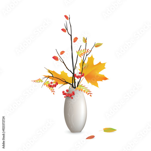 Yellow maple leaves and rowan branches with red berries in a white ceramic vase isolated on a white background. Beautiful autumn bouquet. Bright vector drawing for room design, card, banner.