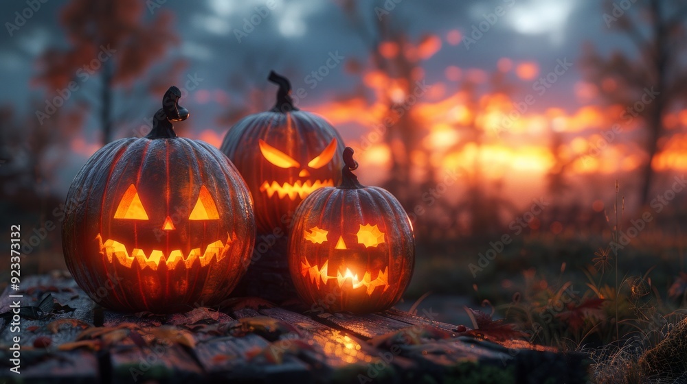 Fototapeta premium Three Jack-o'-lanterns of varying sizes are sitting on a wooden surface at sunset