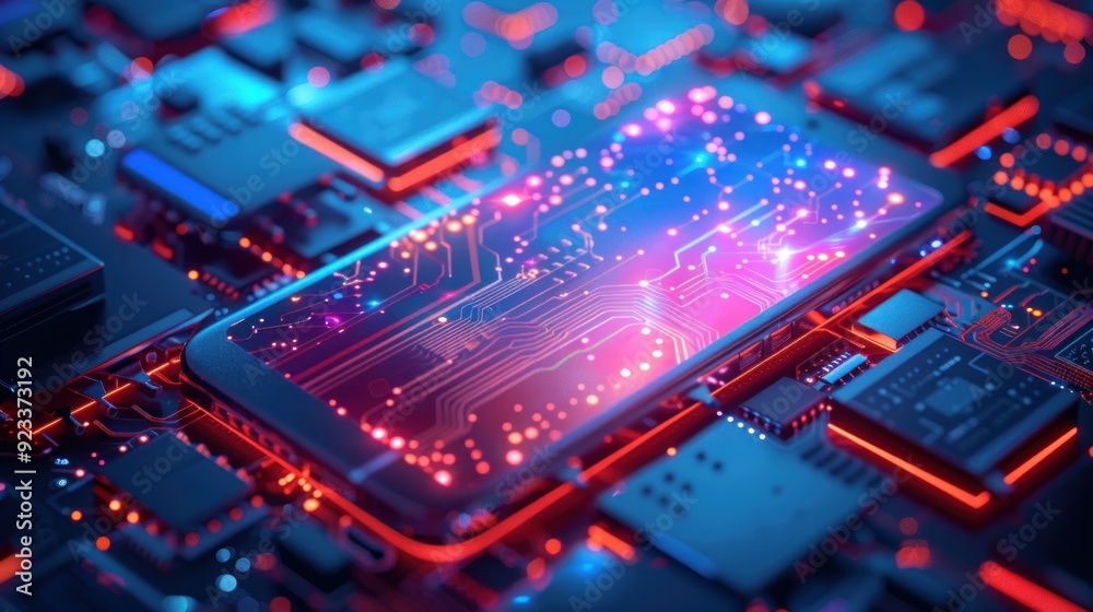 Abstract representation of blockchain technology on a mobile device, with glowing circuits and digital effects