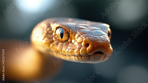 A highly detailed close-up of a golden snake's head, showcasing its scales and piercing gaze against a softly blurred, bokeh background, capturing its elegance and danger. photo