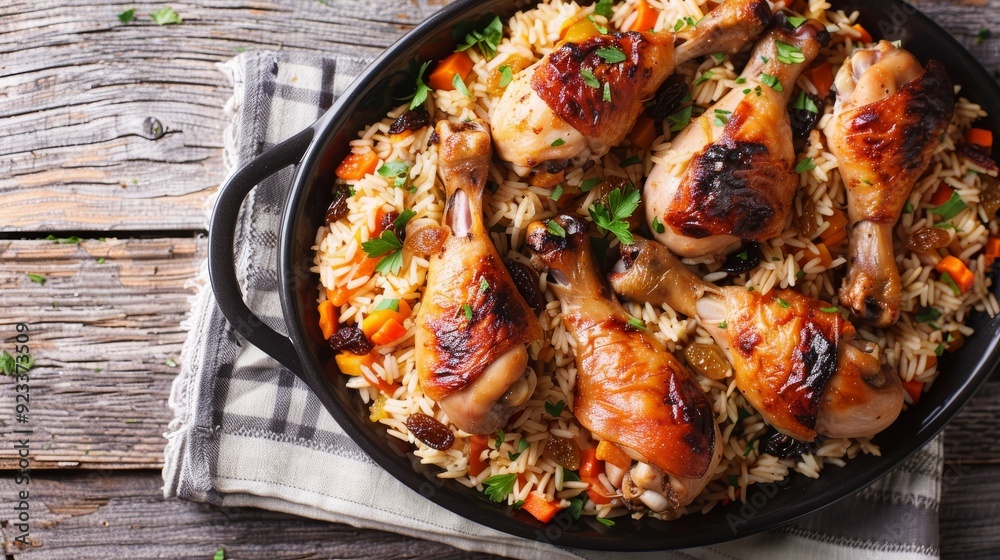 Roasted chicken drumsticks nestled in a bed of seasoned rice and vegetables served in a black skillet on a rustic wooden table. Roasted chicken drumsticks nestled in a bed of seasoned rice and vegetables served in a black skillet on a rustic wooden table.
