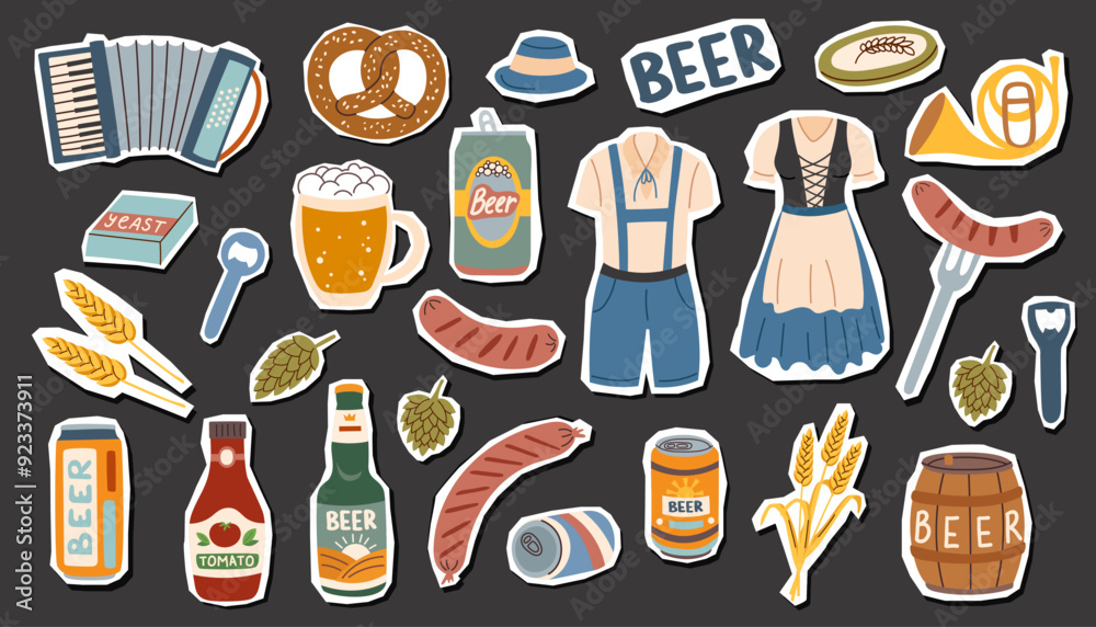 Set of beer festival elements isolated on black. Oktoberfest concept. Beer festival concept. Stickers set. Set of beer festival elements isolated on black. Oktoberfest concept. Beer festival concept. Stickers set.