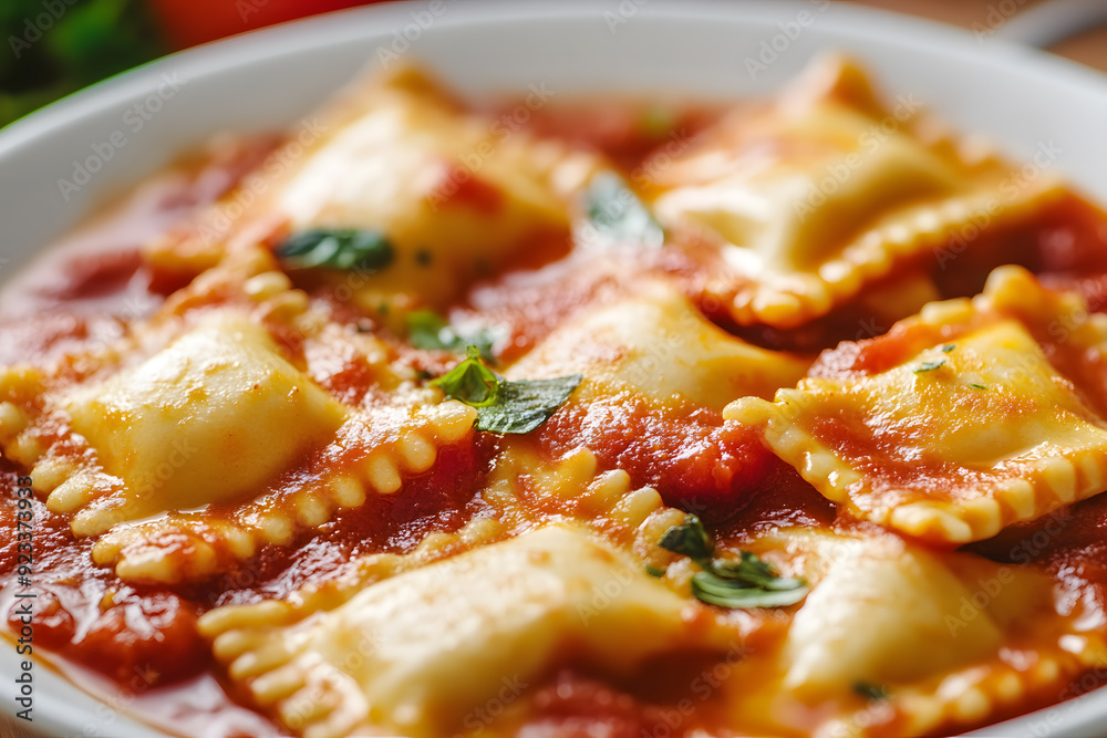 Close-up of delicious ravioli dish in rich tomato sauce Close-up of delicious ravioli dish in rich tomato sauce