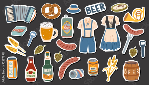 Set of beer festival elements isolated on black. Oktoberfest concept. Beer festival concept. Stickers set.
