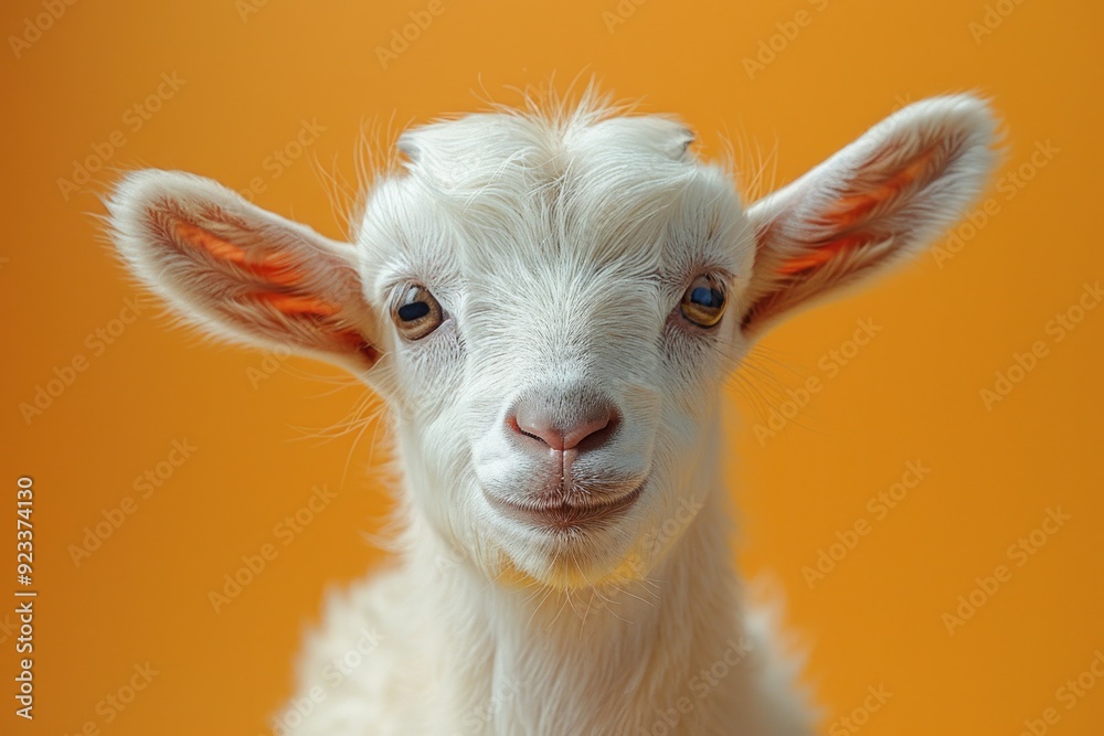 Commercial shot of a goat with humorous makeup on a solid orange studio background Commercial shot of a goat with humorous makeup on a solid orange studio background