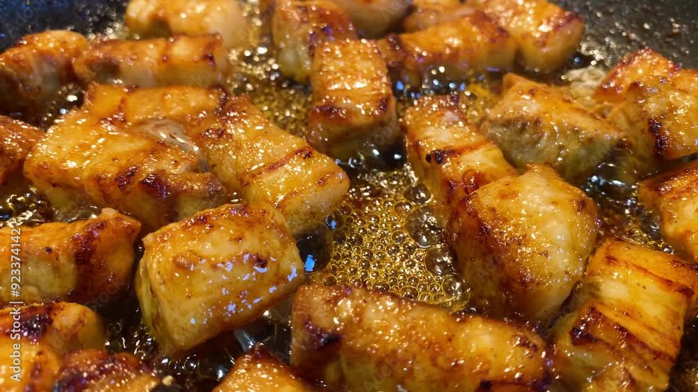 Close up of seasoned Belly Pork sizzling in oil in a frying pan. Static. Close up of seasoned Belly Pork sizzling in oil in a frying pan. Static.