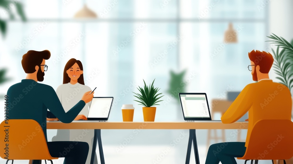 Three colleagues are sitting at a table in a well-lit office, each working on their laptops. A green plant and coffee cup are in the center, promoting a collaborative atmosphere. Three colleagues are sitting at a table in a well-lit office, each working on their laptops. A green plant and coffee cup are in the center, promoting a collaborative atmosphere.