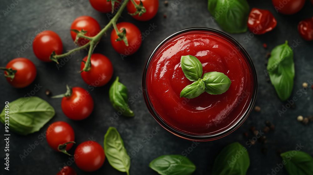 Tomato paste, sauce, ketchup and cherry tomatoes on branches and basil, top view. Food background or banner. Tomato paste, sauce, ketchup and cherry tomatoes on branches and basil, top view. Food background or banner.