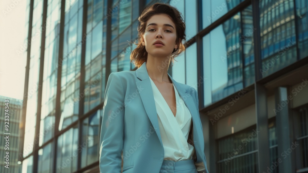 Fototapeta premium A poised, professional woman in a chic suit stands amidst sleek glass buildings, exuding confidence and elegance in an urban setting.