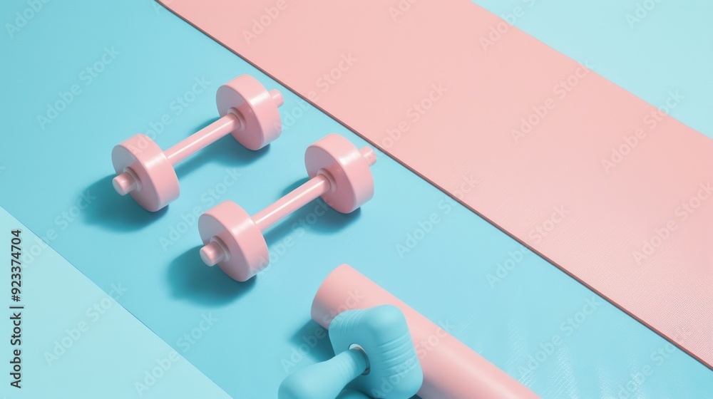 Pink and blue dumbbells and yoga mats arranged neatly on a color-blocked background, evoking a sense of fitness, health, and aesthetic appeal. Pink and blue dumbbells and yoga mats arranged neatly on a color-blocked background, evoking a sense of fitness, health, and aesthetic appeal.