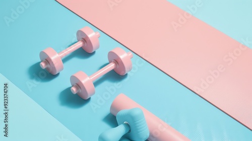 Pink and blue dumbbells and yoga mats arranged neatly on a color-blocked background, evoking a sense of fitness, health, and aesthetic appeal.