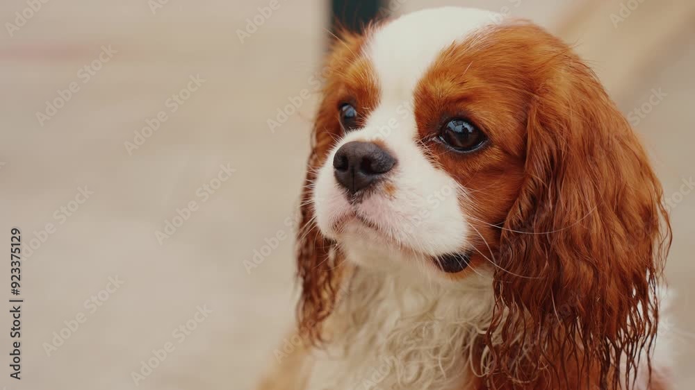 Cute Cavalier King Charles Spaniel exploring a sunny patio in the afternoon