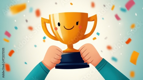 An illustration of two hands holding a golden trophy with a smiling face, surrounded by colorful confetti, symbolizing success and celebration.