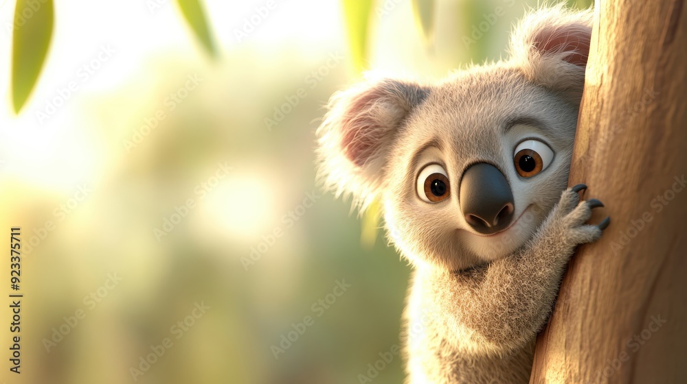 A koala with wide, expressive eyes clutches a tree trunk, captured in softened lighting amidst a tranquil, blurred backdrop of nature, showcasing a moment of quiet curiosity. A koala with wide, expressive eyes clutches a tree trunk, captured in softened lighting amidst a tranquil, blurred backdrop of nature, showcasing a moment of quiet curiosity.
