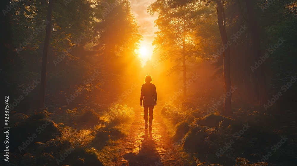 Person Walking Along a Sunlit Forest Path, Enjoying a Nootropic Smoothie Amidst Calming Nature with Soft Light Filtering Through the Trees, Creating a Tranquil and Serene Atmosphere Person Walking Along a Sunlit Forest Path, Enjoying a Nootropic Smoothie Amidst Calming Nature with Soft Light Filtering Through the Trees, Creating a Tranquil and Serene Atmosphere