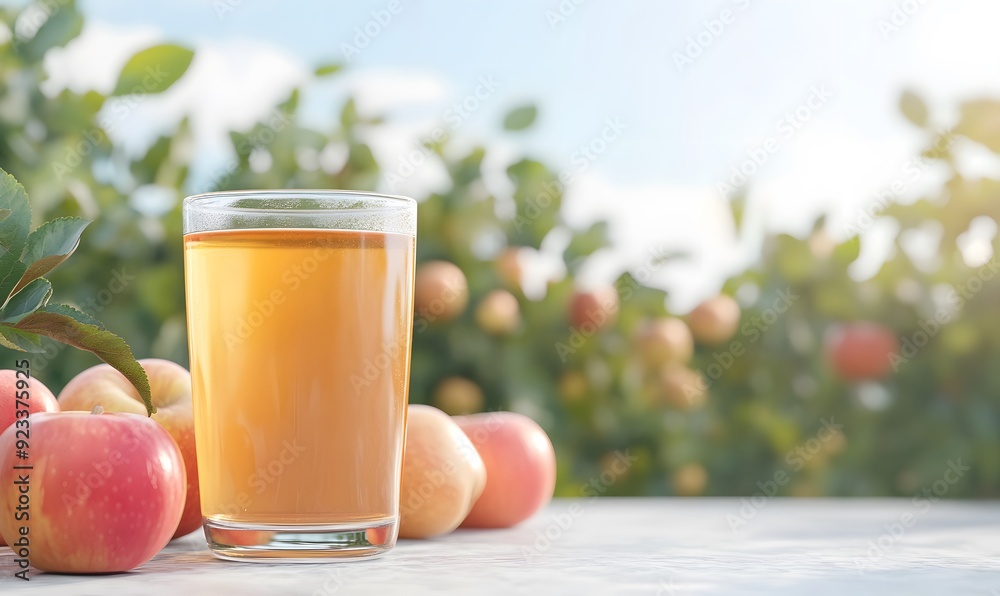 Fototapeta premium A glass of cider against the backdrop of an apple orchard, Generative AI