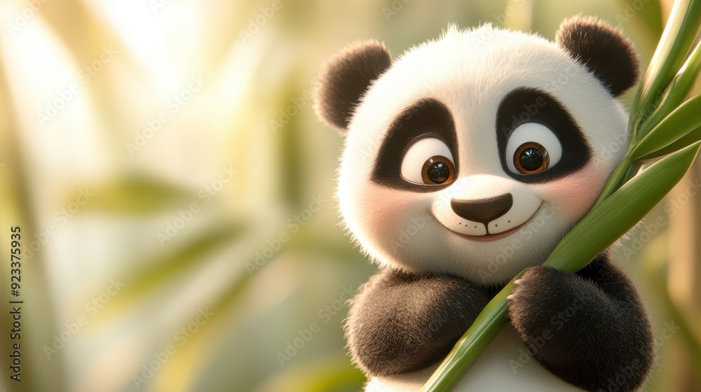 A delightful animated panda hugging a piece of bamboo, set against a softly blurred background giving a warm, serene ambiance. The panda's adorable expression adds charm. A delightful animated panda hugging a piece of bamboo, set against a softly blurred background giving a warm, serene ambiance. The panda's adorable expression adds charm.