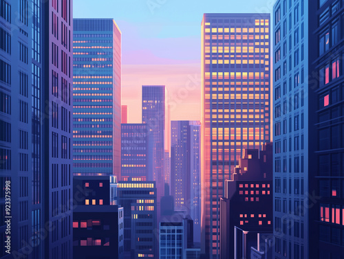 Cityscape at dusk showcasing high-rise office buildings and lit windows, vector illustration art