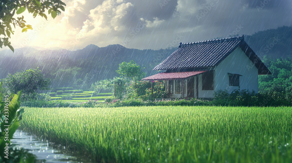 A charming house in a green paddy field, rain falling gently, with realistic sunlight breaking through. A charming house in a green paddy field, rain falling gently, with realistic sunlight breaking through.