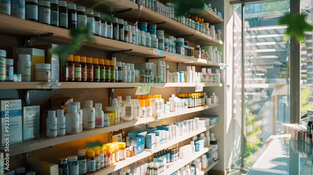 A well-lit pharmacy with a wide range of health products is neatly displayed under the warm daylight coming through large windows. A well-lit pharmacy with a wide range of health products is neatly displayed under the warm daylight coming through large windows.