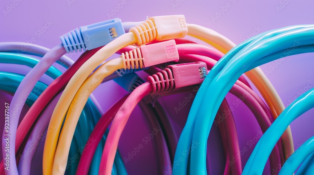 Coiled colorful Ethernet cables against a pastel background, depicting smooth connectivity and modern technology. Coiled colorful Ethernet cables against a pastel background, depicting smooth connectivity and modern technology.