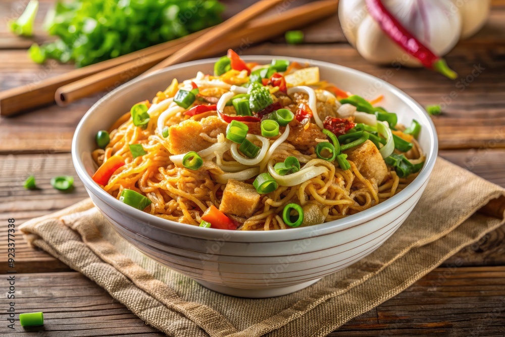 Savory instant noodles topped with juicy vegetables, crispy fried onions, and a sprinkle of green onions, served steaming hot in a white bowl. Savory instant noodles topped with juicy vegetables, crispy fried onions, and a sprinkle of green onions, served steaming hot in a white bowl.