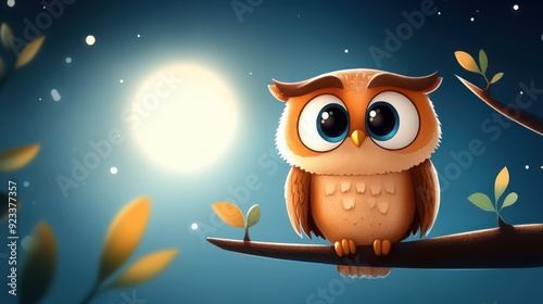 Delightful image of an owl with big eyes sitting on a branch, illuminated by the moonlight, surrounded by leaves and a clear night sky filled with stars.