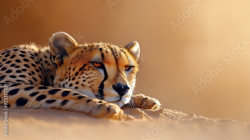 An impressive image of a cheetah laying on sandy ground with an intense gaze, reflecting power and a sense of alertness, blending into the natural warm-toned environment.