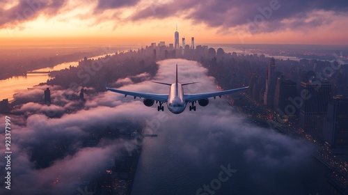 An airplane flies over the Manhattan skyline, with the city covered in clouds photo