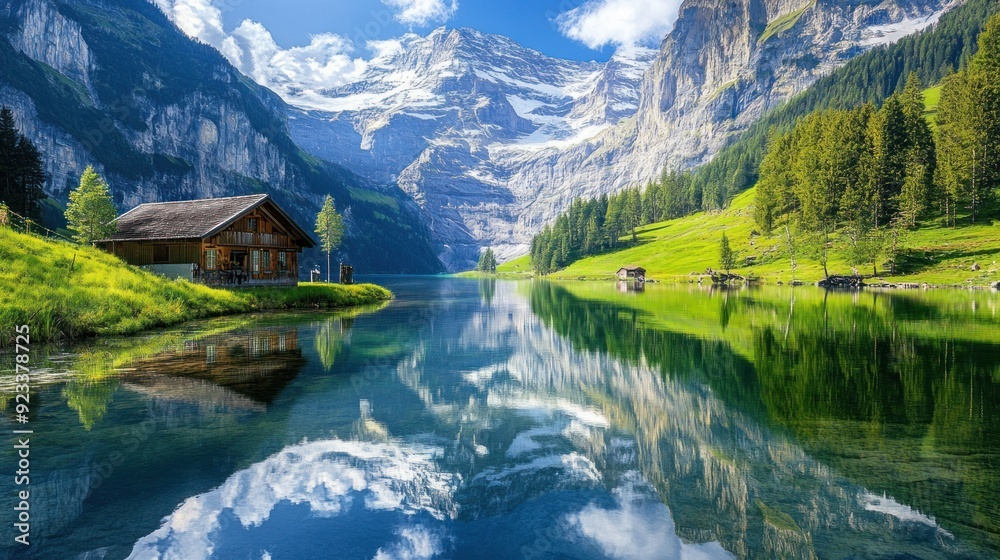 Fototapeta premium Idyllic Swiss Alps lake scene with wooden cabin reflecting mountains and lush greenery.