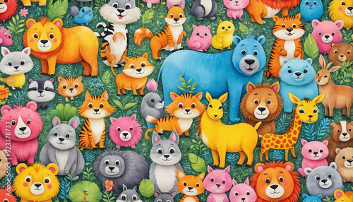 Illustrative childlike depiction of various cute and friendly animals from nature in bright colors