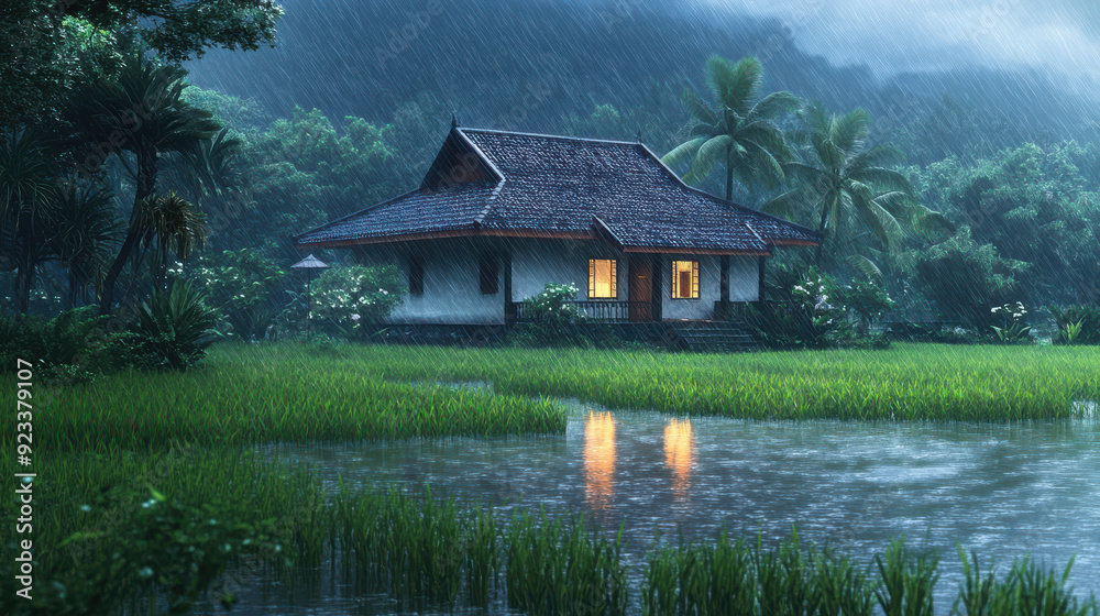 Obraz premium A peaceful house surrounded by a wet paddy field, rain creating ripples, with natural, realistic light.