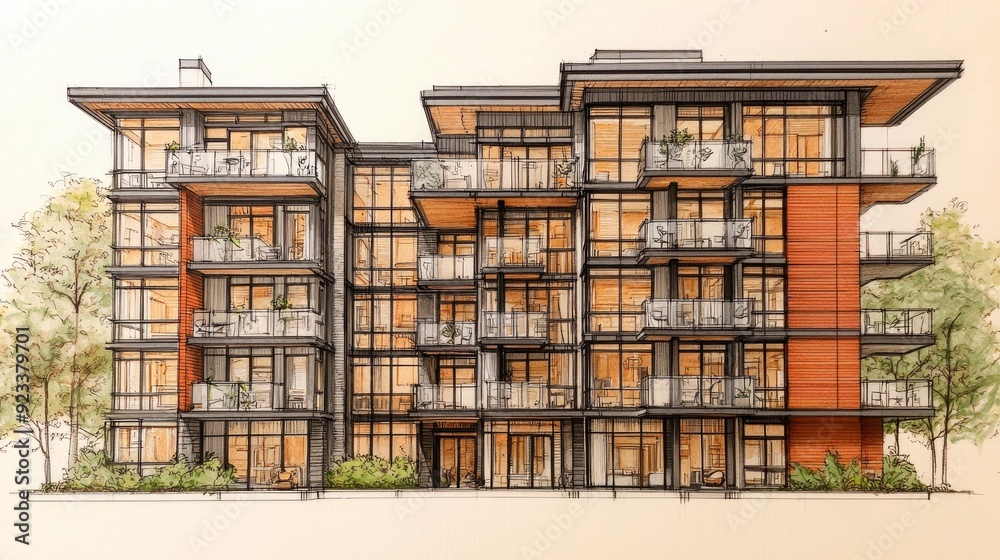 Modern Apartment Building Architectural Illustration Modern Apartment Building Architectural Illustration