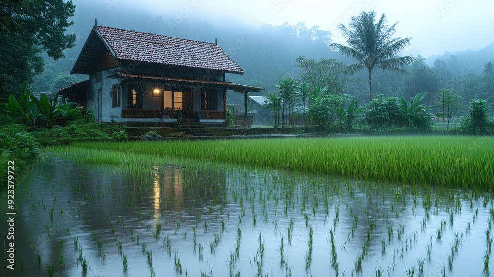 Obraz premium A peaceful house surrounded by a wet paddy field, rain creating ripples, with natural, realistic light.