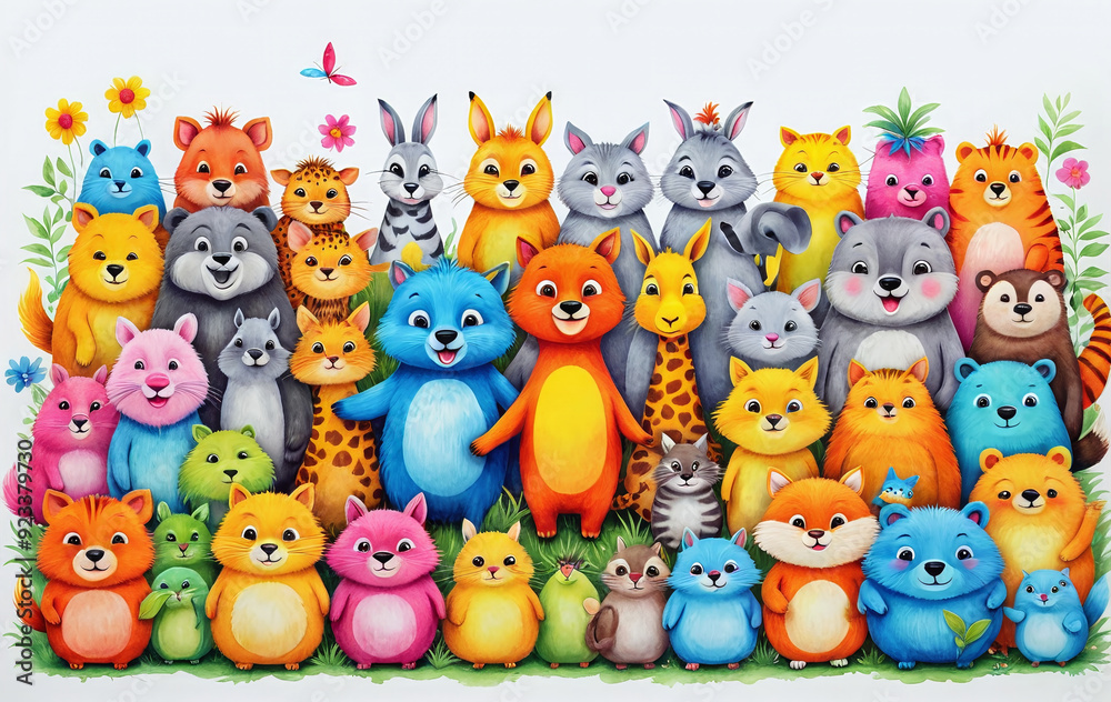 Illustrative childlike depiction of various cute and friendly animals from nature in bright colors Illustrative childlike depiction of various cute and friendly animals from nature in bright colors