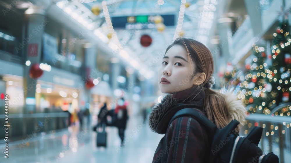 A woman with a backpack stands in a brightly lit airport terminal decorated with festive lights, looking back over her shoulder. A woman with a backpack stands in a brightly lit airport terminal decorated with festive lights, looking back over her shoulder.