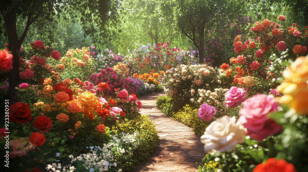 A picturesque rose garden with an array of colorful blooms. The realistic lighting highlights the rich textures and vivid colors of the roses, making the garden appear lively and enchanting. A picturesque rose garden with an array of colorful blooms. The realistic lighting highlights the rich textures and vivid colors of the roses, making the garden appear lively and enchanting.