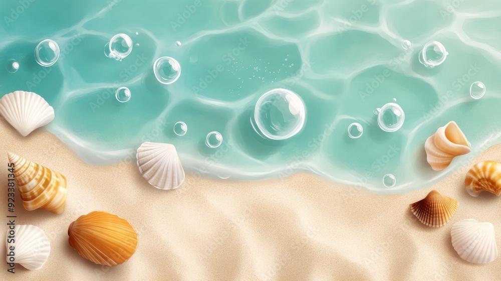 An assortment of seashells laying along a sandy beach with bubbles forming near the waterline, creating an inviting coastal scene with clear turquoise water and calm vibes. An assortment of seashells laying along a sandy beach with bubbles forming near the waterline, creating an inviting coastal scene with clear turquoise water and calm vibes.