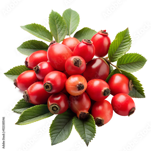 Rosehip berries with leaves isolated on a white background. Ai generated