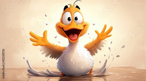 An energetic cartoon duck stands with wings raised high, smiling widely in excitement. The splashes around suggest a vibrant, lively mood, perfect for uplifting scenes.