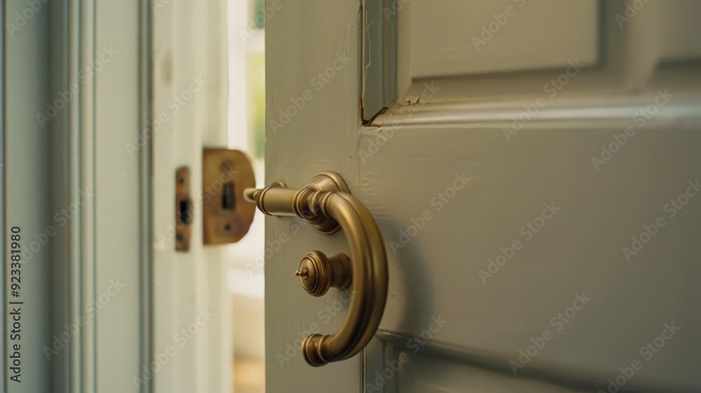 A close-up view of a partially opened door with a vintage golden handle, inviting light and warmth. A close-up view of a partially opened door with a vintage golden handle, inviting light and warmth.