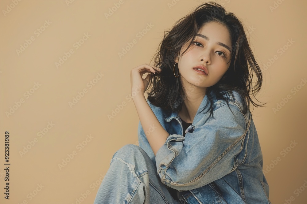 A Young Asian woman in trendy jeans sitting on beige background A Young Asian woman in trendy jeans sitting on beige background