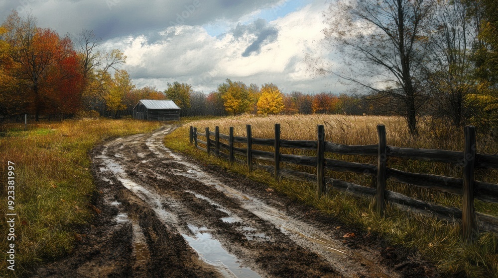 Rustic autumn country road muddy track wooden fence barn fall foliage overcast sky.