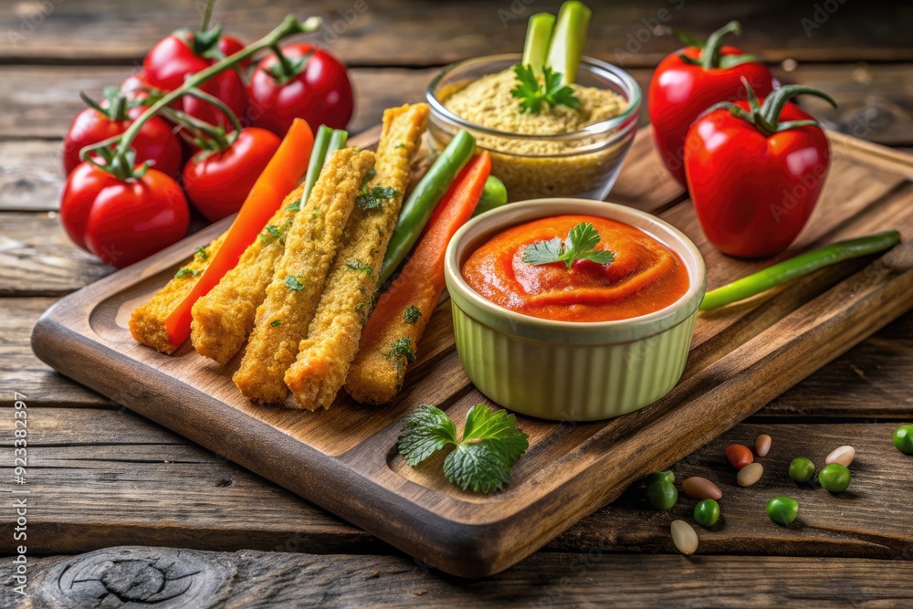 fresh crunchy vegetable sticks with smoky roasted red pepper dip on a weathered wooden cutting board with moody rustic atmosphere fresh crunchy vegetable sticks with smoky roasted red pepper dip on a weathered wooden cutting board with moody rustic atmosphere