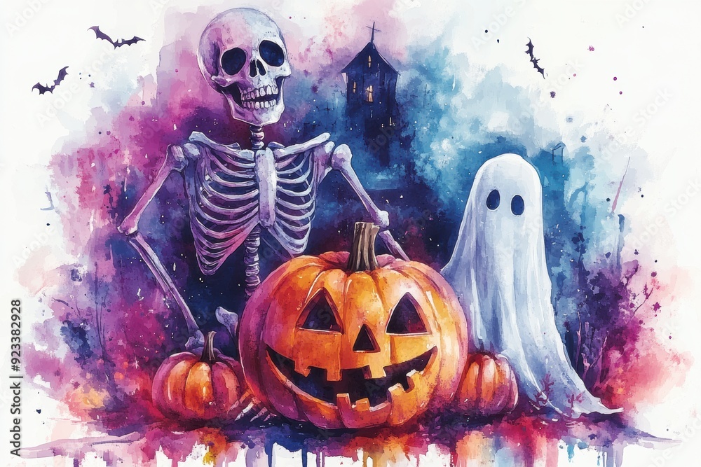 Skeleton Dancing with Pumpkin and Ghost Skeleton Dancing with Pumpkin and Ghost