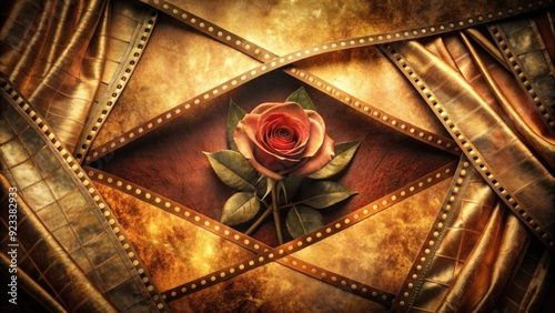 Vintage film strips ensnare a rebellious rose icon in a kaleidoscope of warm anachromatic hues on a worn velvet stage photo