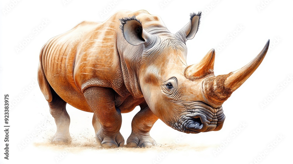 A majestic rhinoceros is captured walking forward with a determined look, showcasing its powerful body and prominent horn against a white backdrop. A majestic rhinoceros is captured walking forward with a determined look, showcasing its powerful body and prominent horn against a white backdrop.