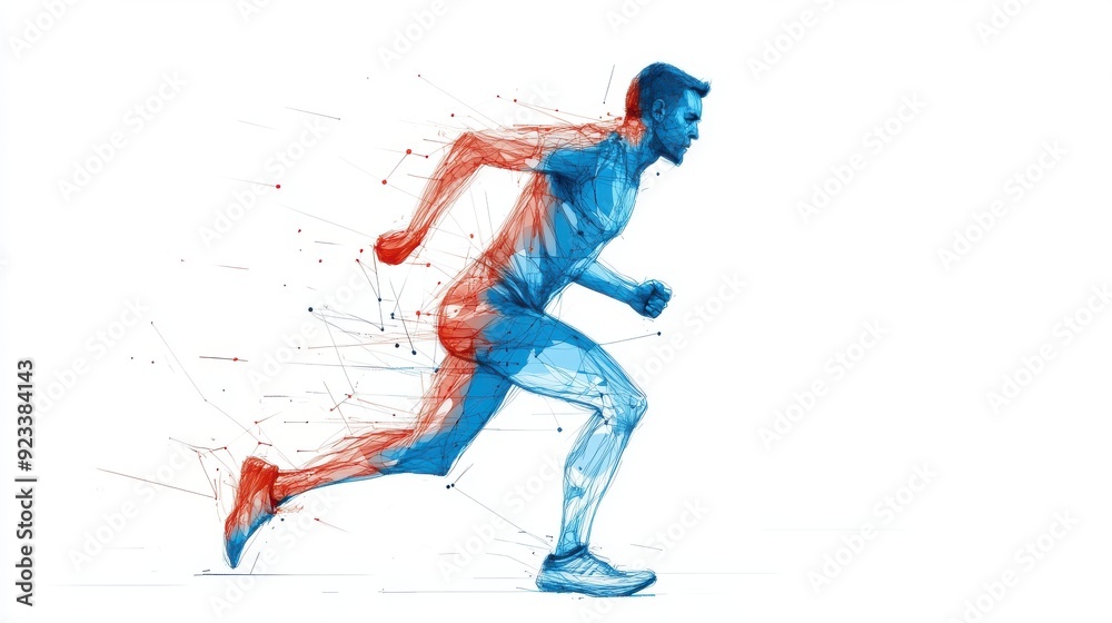 Abstract digital art depicting a man running, with dynamic lines and a blue hue representing motion and speed, showcasing the essence of athleticism and energy. Abstract digital art depicting a man running, with dynamic lines and a blue hue representing motion and speed, showcasing the essence of athleticism and energy.