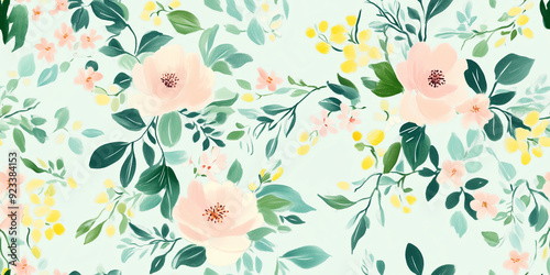 Tender flowers and fresh greens in blush, pale yellow, and aqua pastels, seamless pattern