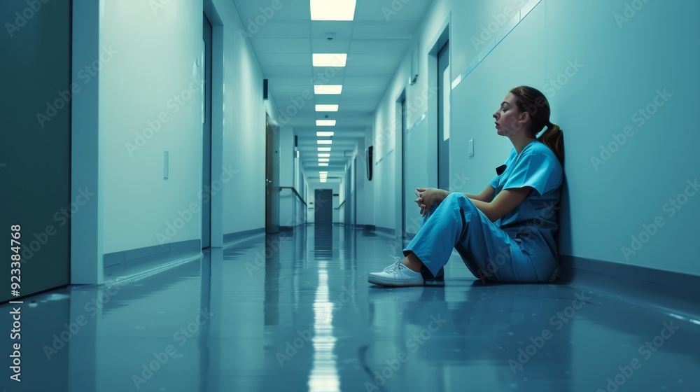 A weary nurse sits on the hospital floor, back against the wall, as cool fluorescent lights illuminate the empty, endless corridor. A weary nurse sits on the hospital floor, back against the wall, as cool fluorescent lights illuminate the empty, endless corridor.